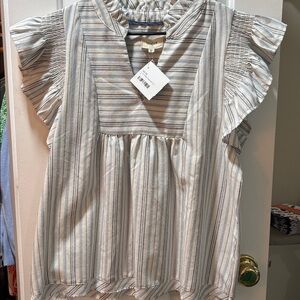 Umgee Striped Ruffle Sleeve Top - Blue and White